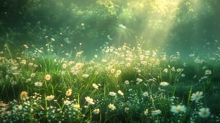 Fototapeta na wymiar A field of flowers with a bright sun shining on them
