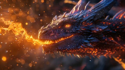 A dragon with a fiery tongue is blowing out flames. The image has a fiery and intense mood, with the dragon's flames creating a sense of danger and power