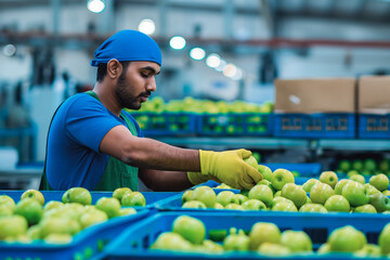 Male Indian ethnicity worker sorting apple in the warehouse. Selection and sorting of fresh green apples in crates for packaging and transport on a modern production line.