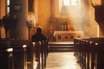 Religious unrecognizable caucasian man sitting alone in small empty church and praying for better future - obrazy, fototapety, plakaty