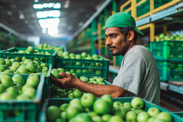 Male Indian ethnicity worker sorting apple in the warehouse. Selection and sorting of fresh green apples in crates for packaging and transport on a modern production line. - obrazy, fototapety, plakaty