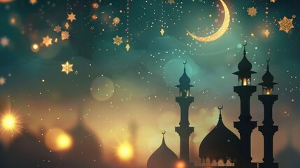 Ramadan themed backdrop with mosque silhouette and a starry night sky with festive lights - obrazy, fototapety, plakaty