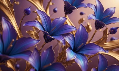 AI Generated Blue Flowers with Golden Stems for Vibrant Stock Photography Use