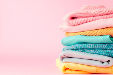Pile of knitted sweaters and cozy scarves on pink background with copy space, Stack of clothes - Powered by Adobe
