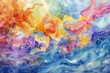 Watercolor painting depicts a colorful sky reflecting on rippling water, showcasing a vibrant and dynamic scene
