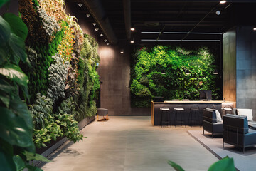 Modern gardening landscaping design details. Urban eco friendly vertical garden indoors. Green living wall with perennial plants. Modern open plan area with greenery - obrazy, fototapety, plakaty