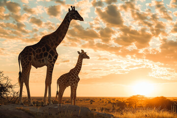 Mother giraffe and six week old baby calf standing together on a hilltop looking out into sunrise...