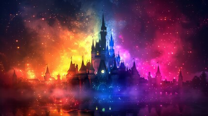 A colorful castle with a rainbow sky in the background. The castle is surrounded by a misty fog and the sky is filled with stars. The castle is a symbol of magic and wonder