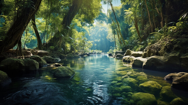 A crystal-clear river winding through a lush tropical rainforest.