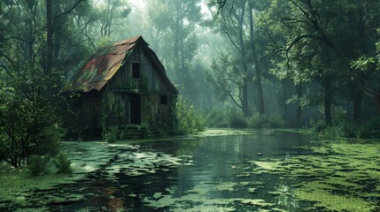 A small, dilapidated cabin sits in a lush, green forest. The cabin is surrounded by a body of water, which adds to the peaceful and serene atmosphere of the scene. Concept of solitude and tranquility