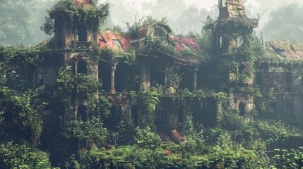 A large, abandoned building covered in vines and moss. The building is old and dilapidated, with broken windows and a crumbling roof. The overgrown vegetation gives the scene a sense of decay