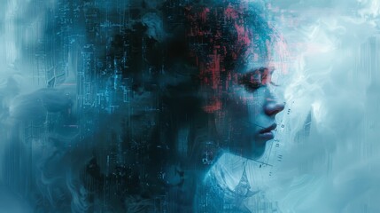 A woman's face is shown in a blue and red color scheme. The image is abstract and has a futuristic feel to it - obrazy, fototapety, plakaty