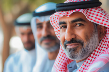 Portrait of Arab middle aged man wearing traditional while clothes with his business partners. - obrazy, fototapety, plakaty