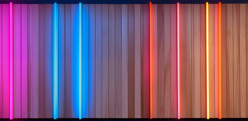 Attractive wood wall with tall vertical neon or LED light inserts; eye-catching bright background image