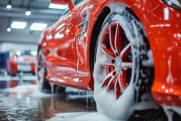 Red Sports car Wheels Covered in Shampoo Being Rubbed by a Soft Sponge at a Stylish Dealership Car Wash. Performance Vehicle Being Washed in a Detailing Studio - obrazy, fototapety, plakaty