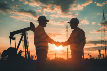 Silhouette of two engineers handshaking and making corporate contract outside in front of oil pump. People in helmets working in field at the oil. - obrazy, fototapety, plakaty