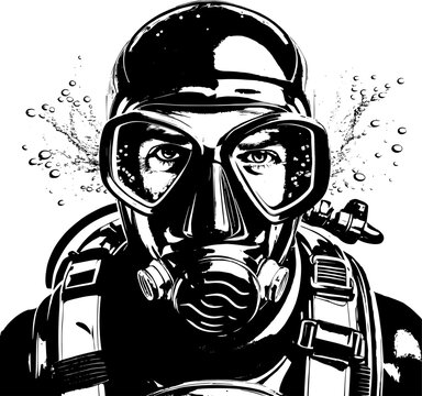 Black and white portrait of a scuba diver wearing mask and regulator | Vectorised illustration