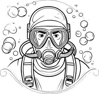 Black and white portrait of a scuba diver wearing mask and regulator | Vectorised illustration