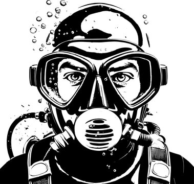 Black and white portrait of a scuba diver wearing mask and regulator | Vectorised illustration