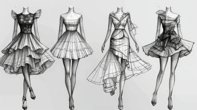 Four different types of dresses are shown in a drawing. The dresses are all different styles and colors, and they are all drawn in a stylized way. Scene is playful and whimsical