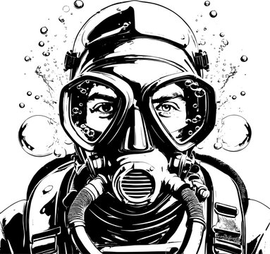 Black and white portrait of a scuba diver wearing mask and regulator | Vectorised illustration