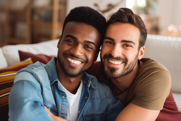 Smiling homosexual couple hugging and looking at camera in living room