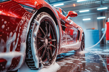 Red Sports car Wheels Covered in Shampoo Being Rubbed by a Soft Sponge at a Stylish Dealership Car Wash. Performance Vehicle Being Washed in a Detailing Studio - obrazy, fototapety, plakaty