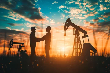 Foto auf Acrylglas Silhouette of two engineers handshaking and making corporate contract outside in front of oil pump. People in helmets working in field at the oil. © VisualProduction