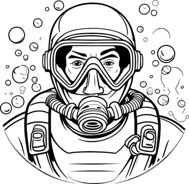 Black and white portrait of a scuba diver wearing mask and regulator | Vectorised illustration