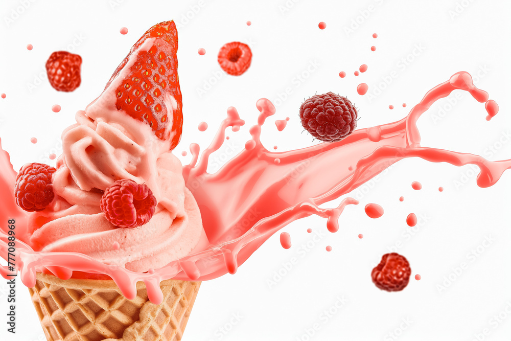 Wall mural strawberry ice cream in the waffle cone with splash and berries isolated on white background