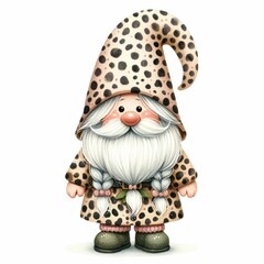 A charming illustration of a whimsical gnome character with a long white beard, wearing a polka-dotted hat and a warm smile.