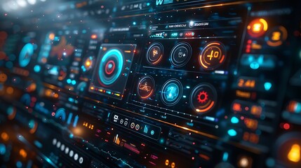 Fototapeta premium A computer monitor display featuring an abstract underwater data stream dashboard, where bioluminescent lines represent flowing data across a deep-sea background.