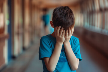 Upset boy covered his face with hands standing alone in school corridor. Learning difficulties, emotions, bullying in school