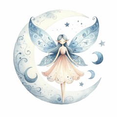 Moon fairy with lunar motifs. watercolor illustration, Perfect for nursery art, Magical and mysterious illustration, on white background.