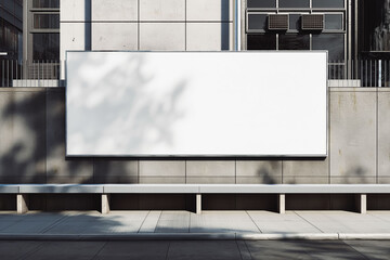 White large horizontal billboard mock up on grey fence wall with urban modern city background.
