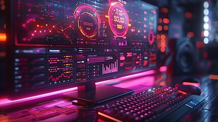 A computer monitor displays an advanced network dashboard, where neon paths represent data moving through a digital landscape. - obrazy, fototapety, plakaty