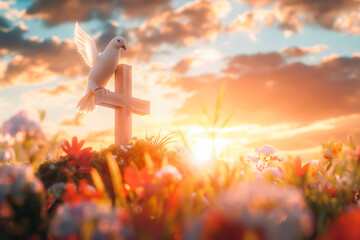 White dove with spread wings standing over the holy cross of Jesus Christ symbolize death and resurrection beautiful sunset landscape. - obrazy, fototapety, plakaty