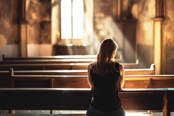 Religious unrecognizable Woman sitting alone in silence in small empty church and praying - obrazy, fototapety, plakaty