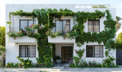 Fototapeta na wymiar A white minimalist house with an exterior wall decorated with green plants and flowers