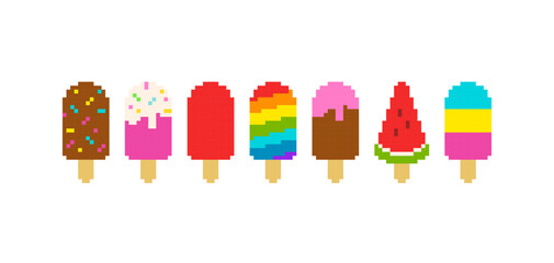 Cartoon Pixel Ice Cream colorful rainbow set in retro game style. Perfect Pixel Ice Сream on a stick and ice cream popsicle - editable vector icons collection