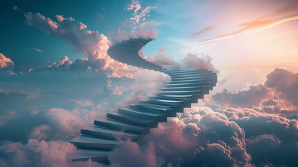 : A spiraling staircase twisting through a cloud-filled sky, disappearing into the heavens. - obrazy, fototapety, plakaty