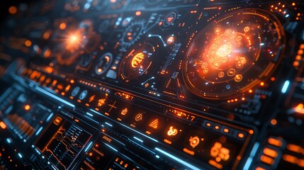 Fototapeta premium A detailed image of a computer monitor displaying a dashboard straight out of a space station control room, featuring holographic displays of orbiting data satellites and intricate communication lines