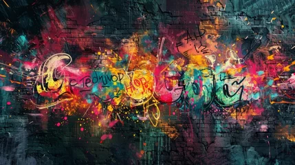 Fotobehang In a splatter of multicolored paint the words Choose hope jump out of a chaotic sea of graffiti and scribbles. The vibrant message seems to shine in the darkness of an alleyway. © Justlight