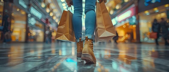 Unidentified woman in casual attire with shopping bags in bright mall. Concept Fashion Photoshoot, Shopping Spree, Retail Therapy, Mall Exploration, Casual Outfit - obrazy, fototapety, plakaty