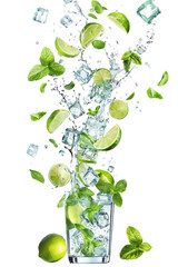 Illustrated refreshing lemonade with lime slices and mint leaves in a tilted glass, conveying a sense of movement and fun, ideal for a summer festival poster, white background