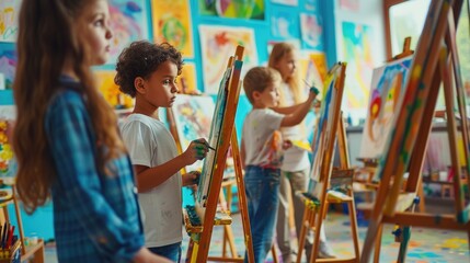 A young girl paints on an easel in an art class, surrounded by her peers, fostering creativity and artistic expression. AIG41 - 777091727