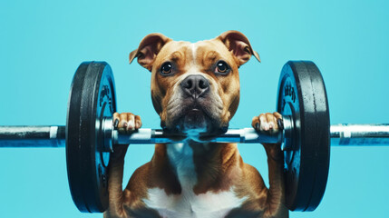 funny  dog lifting heavy barbell ,The concept of sports, fitness, bodybuilding. 