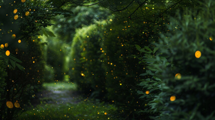 A secret garden hidden ast tall hedges illuminated by the soft glow of fireflies dancing in the darkness. . . - obrazy, fototapety, plakaty