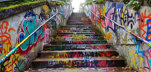: A staircase covered in vibrant graffiti, a colorful contrast to the gray concrete walls