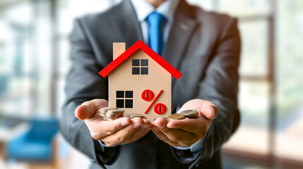 Businessman holding house icon with red percent sign and coins. Mortgage and home loan percentage concept